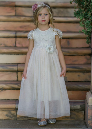 Cap Sleeve Ivory Lace Tulle Keyhole Back Flower Girl Dress